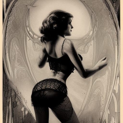 1950s pinup girl in lace bikini with tattoo, on a motorcycle...