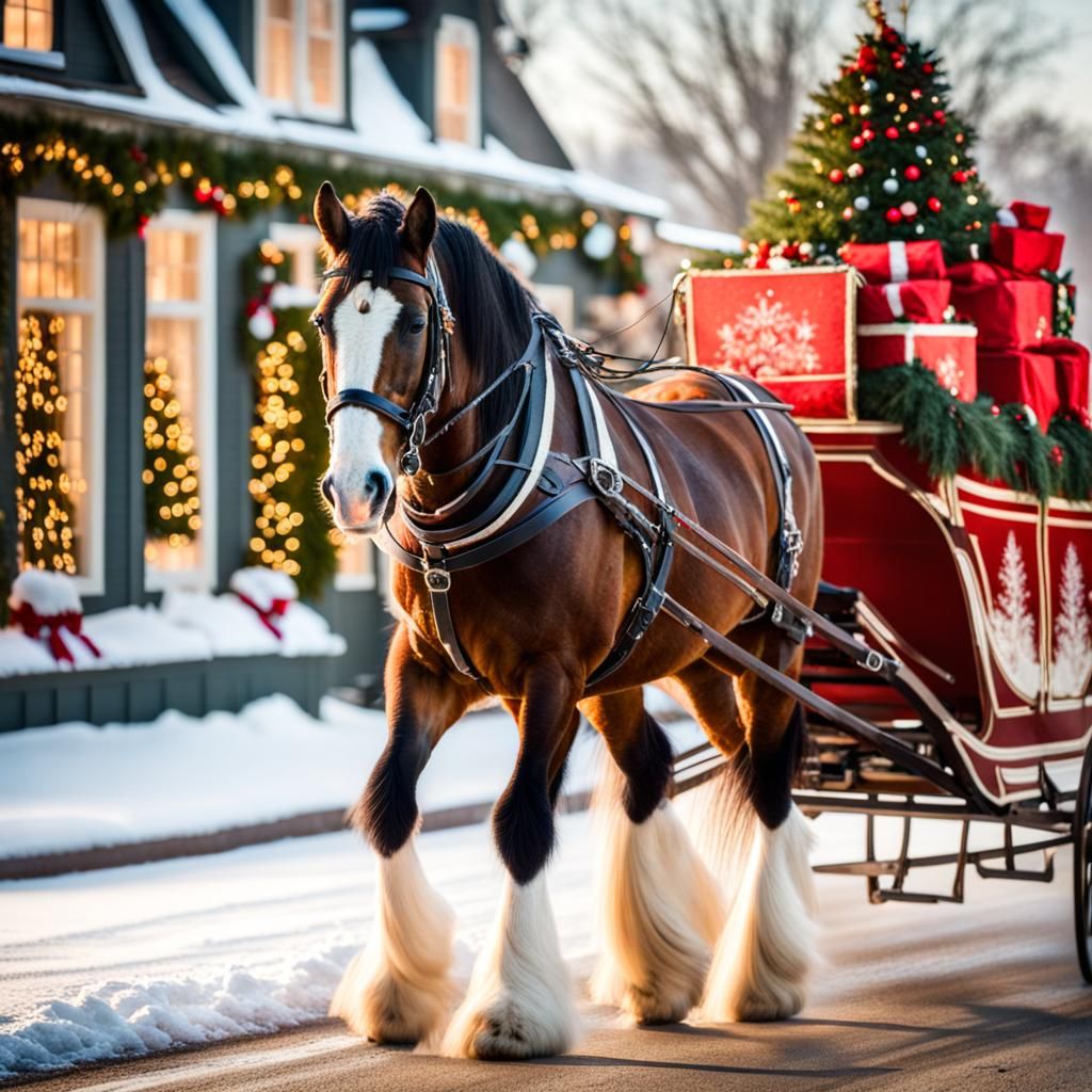 Christmas Clydesdale Horse Pulling Sleigh: Professional Phot...
