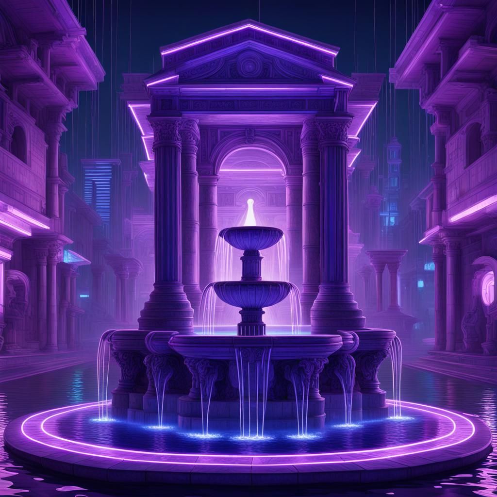 Cyberpunk Meets Greek Architecture in Water Fountain