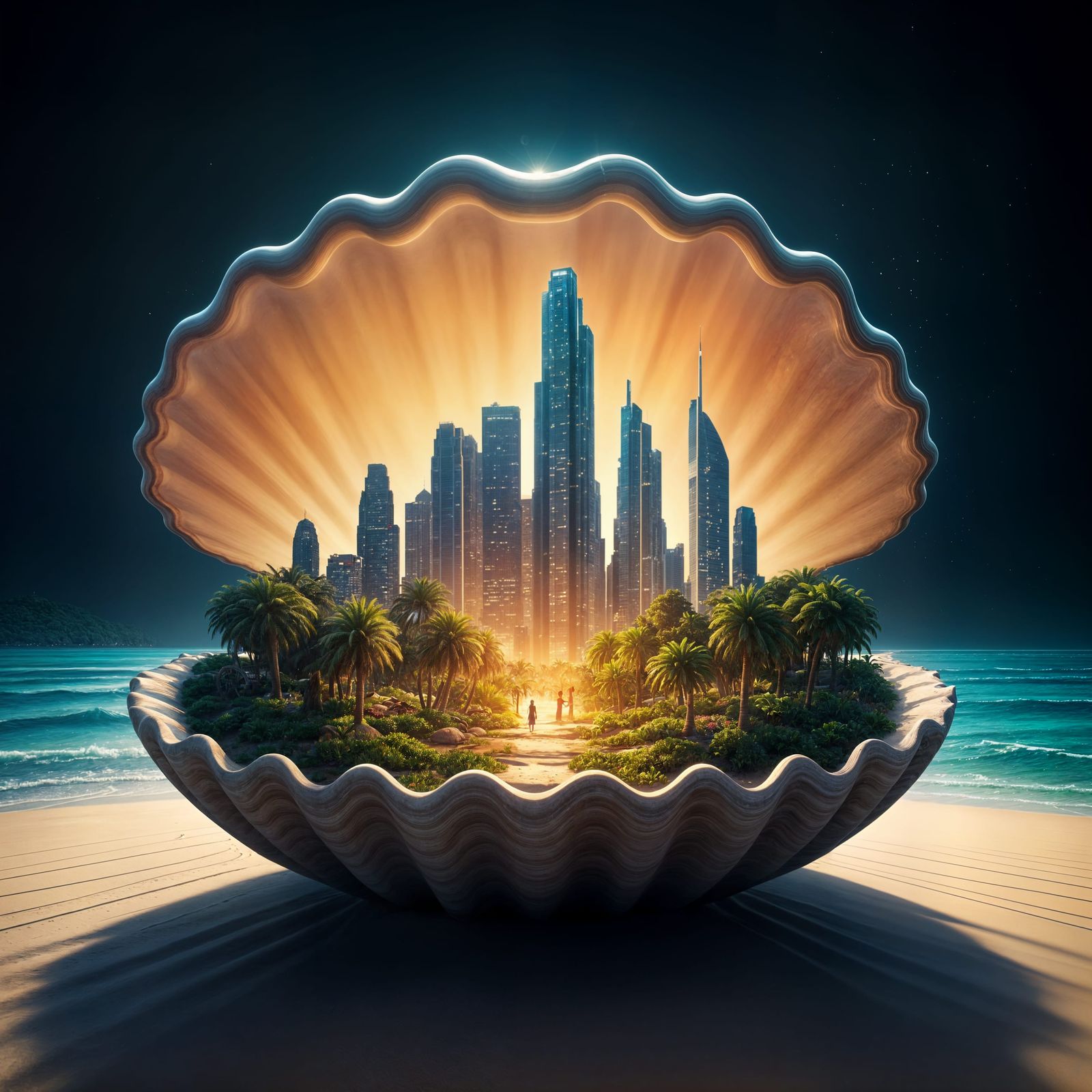Micro City Inside Seashell on White Sand Beach