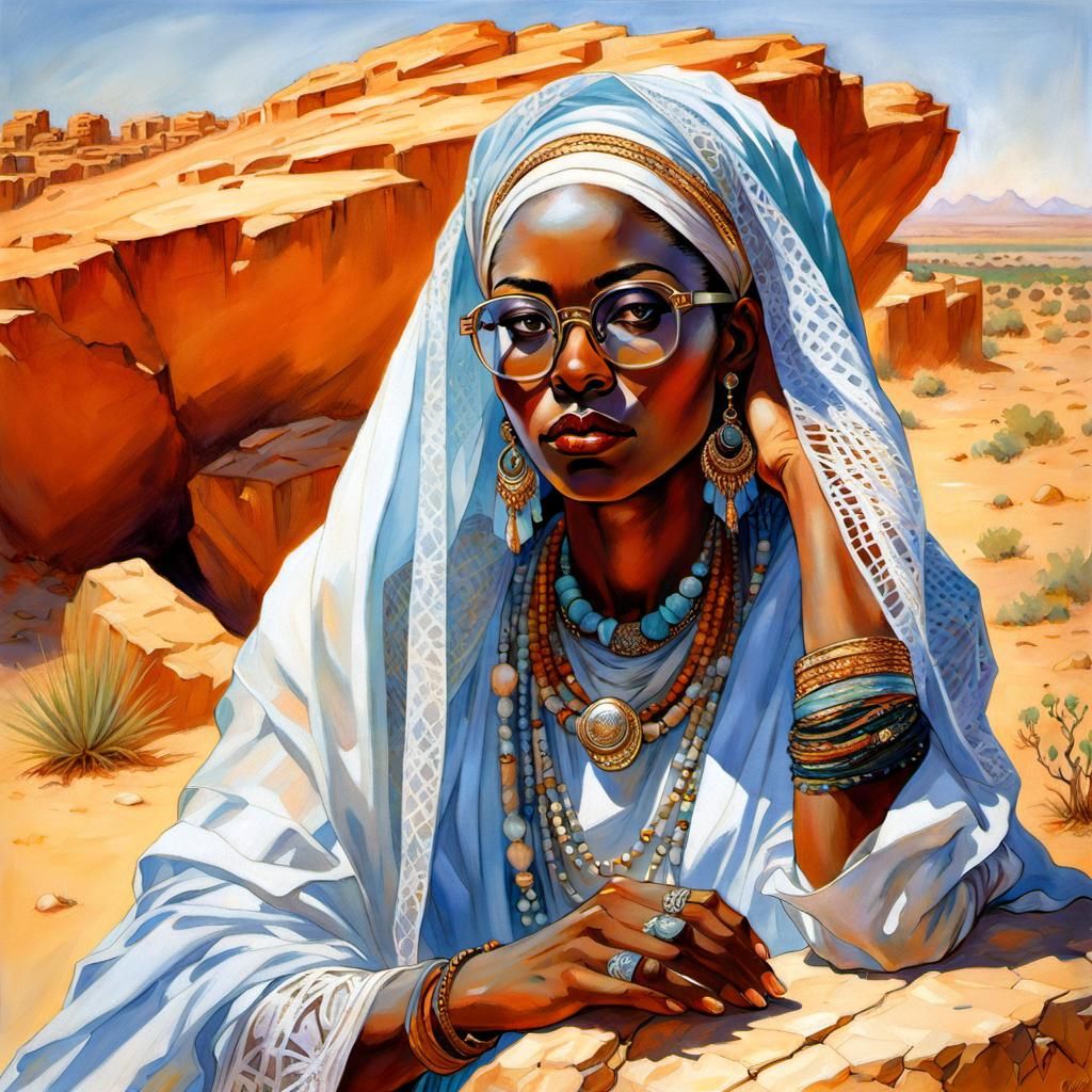 Burkina Faso Woman Portrait in Desert, Art Nouveau Style
