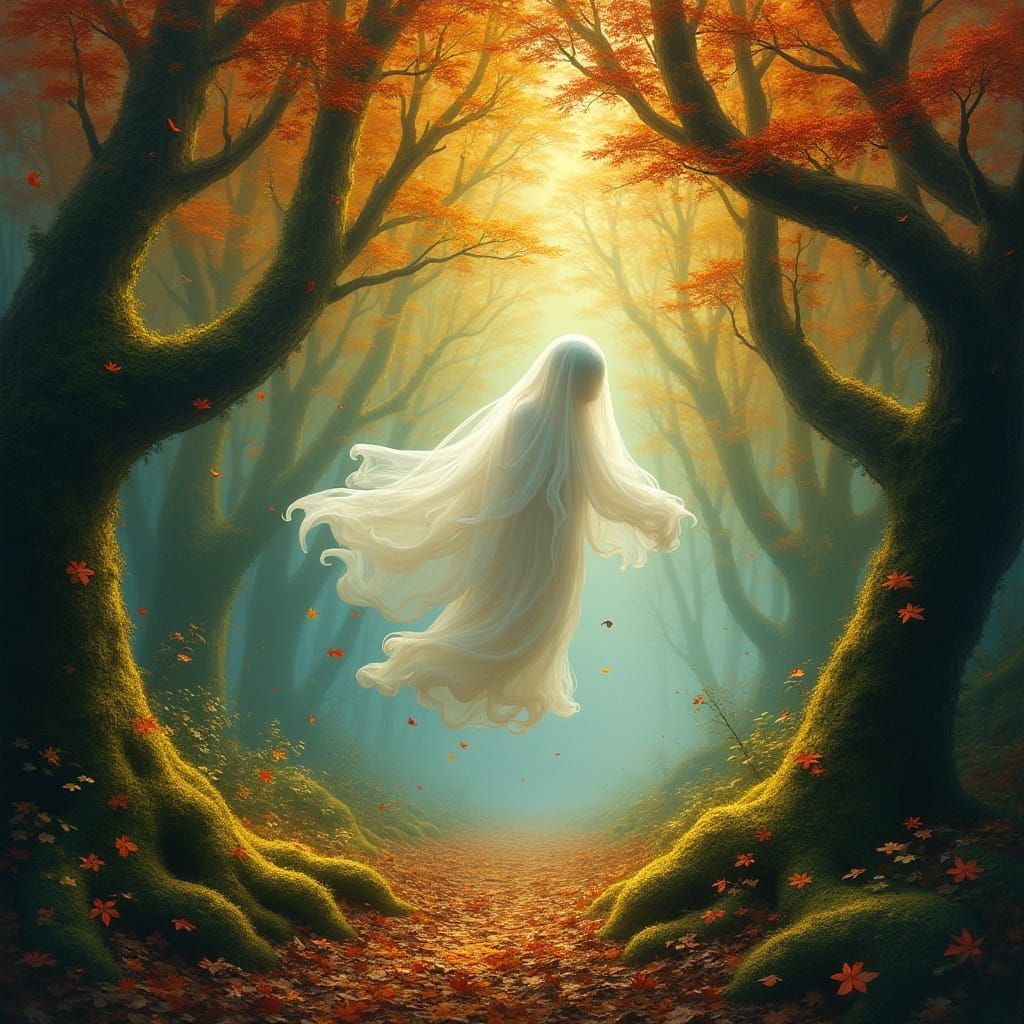 An ethereal ghost drifting through an ancient, moss-covered ...