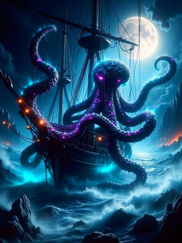 Bioluminescent Octopus Attacks Ship in Ominous Photography