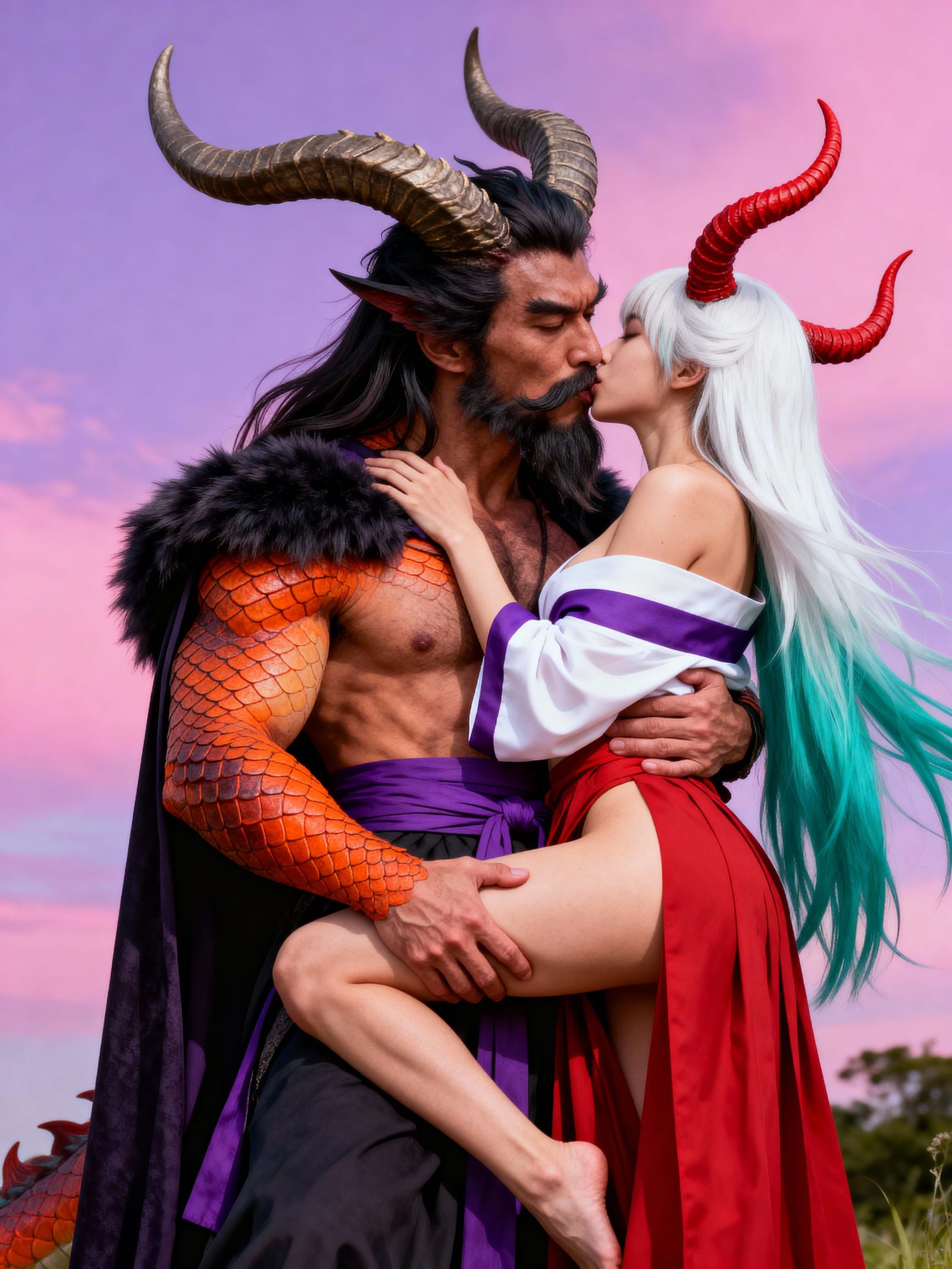 Muscular Man with Horns Kisses Woman in Kimono
