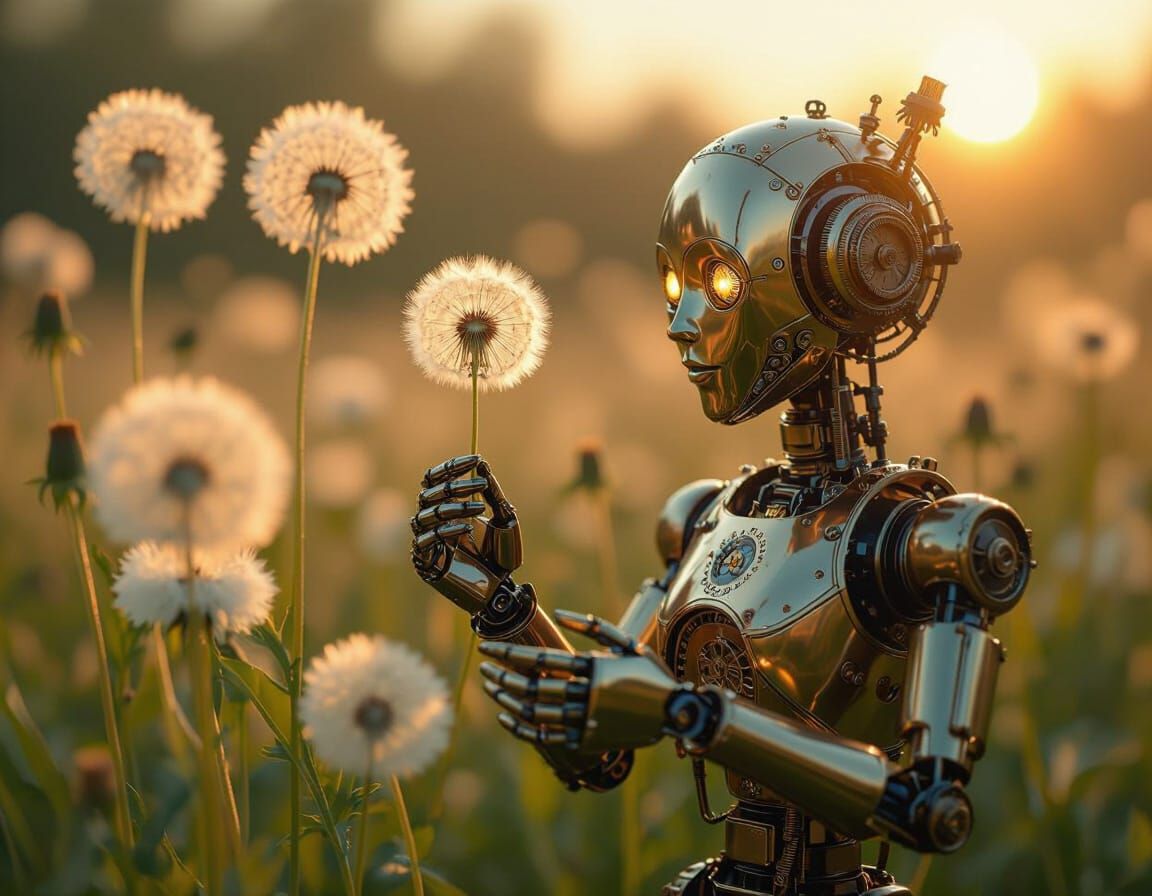 Clockwork Automaton with Dandelion Seed in Vintage Garden