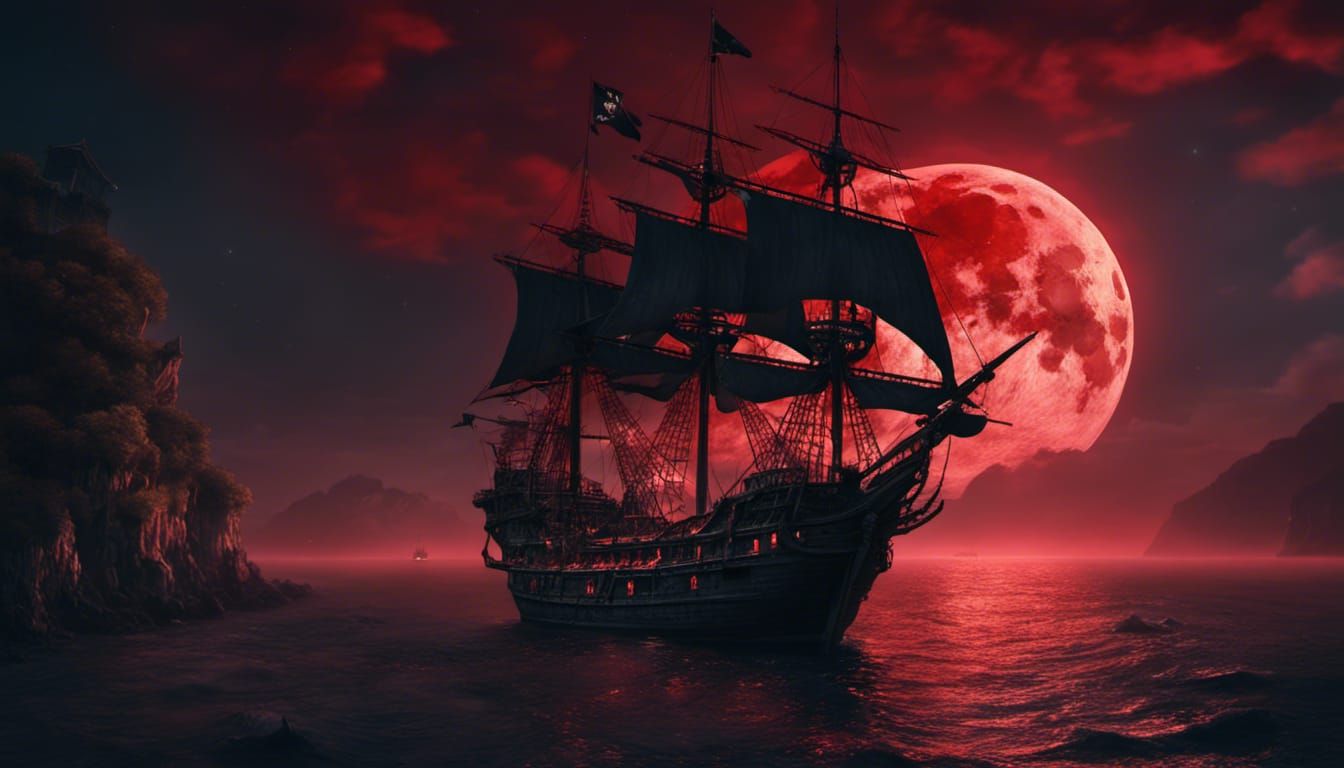 Pirate Ship Under Eerie Red Moon: Digital Matte Painting