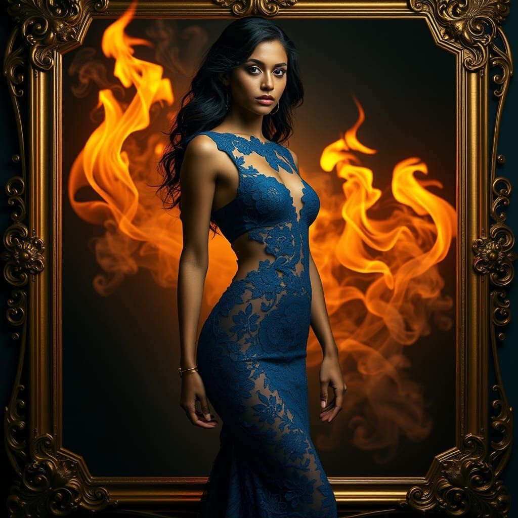 Indian Woman in Blue Lace Gown with Golden Frame