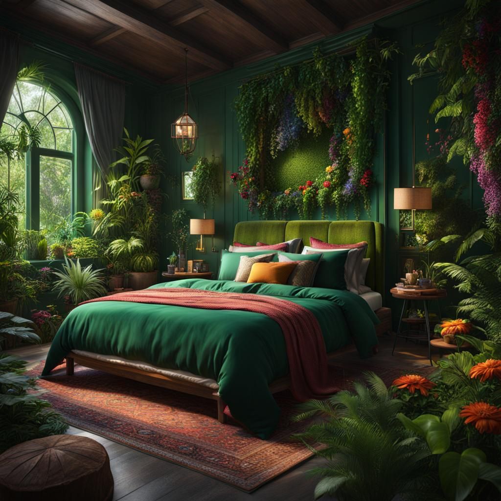 Forest Green Bedroom with Plants: Matte Painting