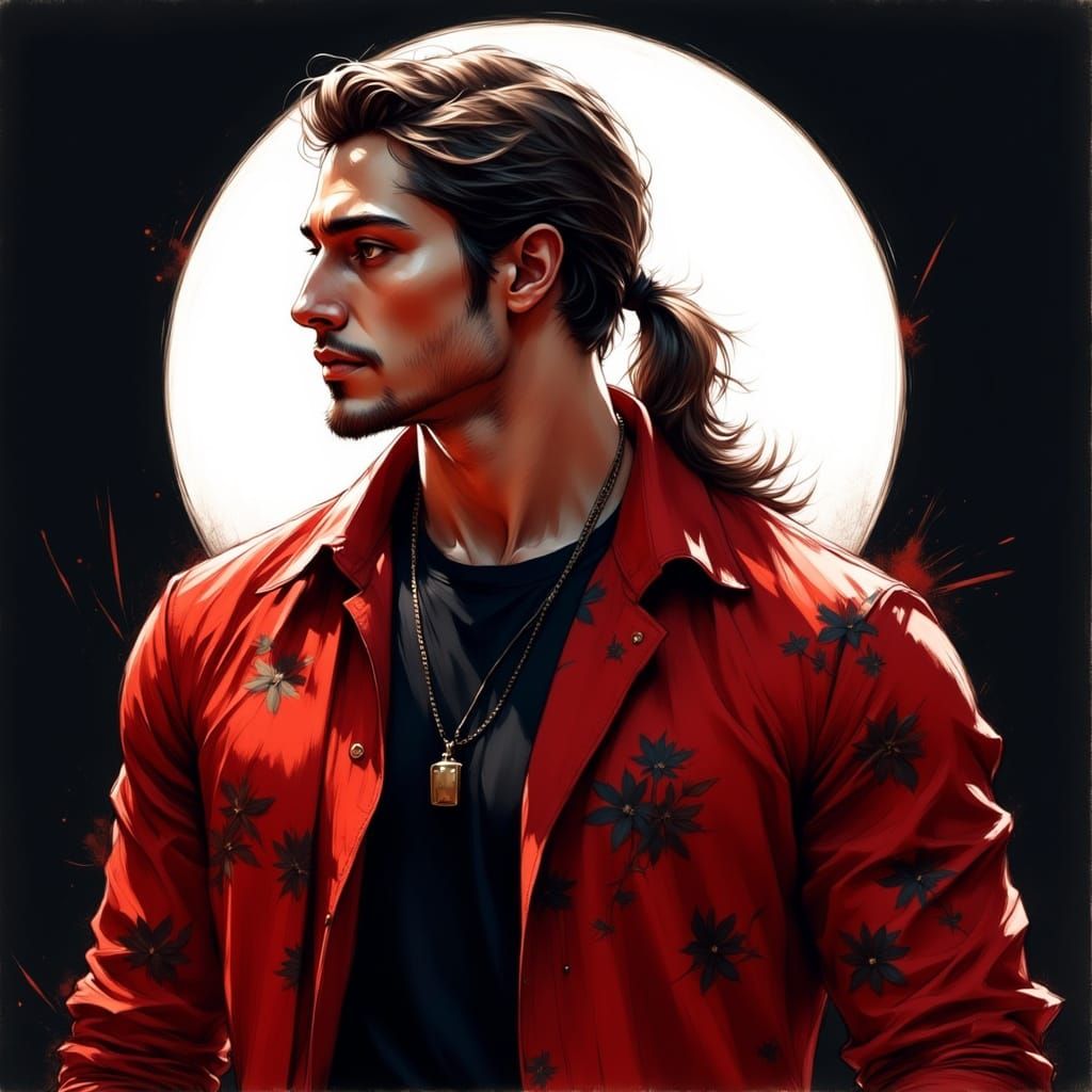 Watercolor Portrait of Man with Ponytail