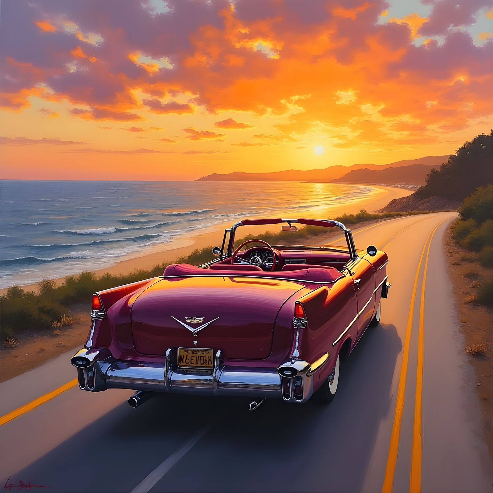 1950s Cadillac on Coastal Highway Sunset