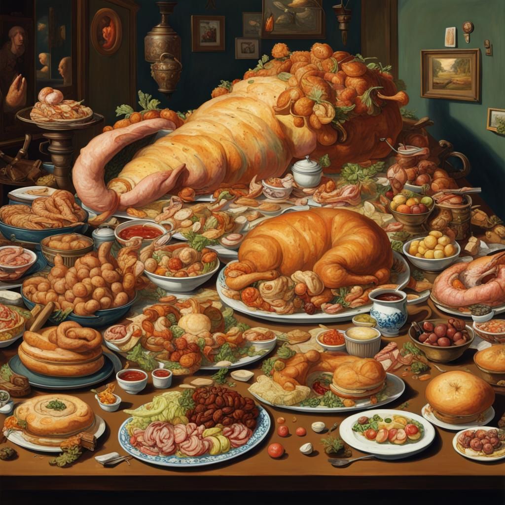 Glutton at Overloaded Table Surrounded by Art