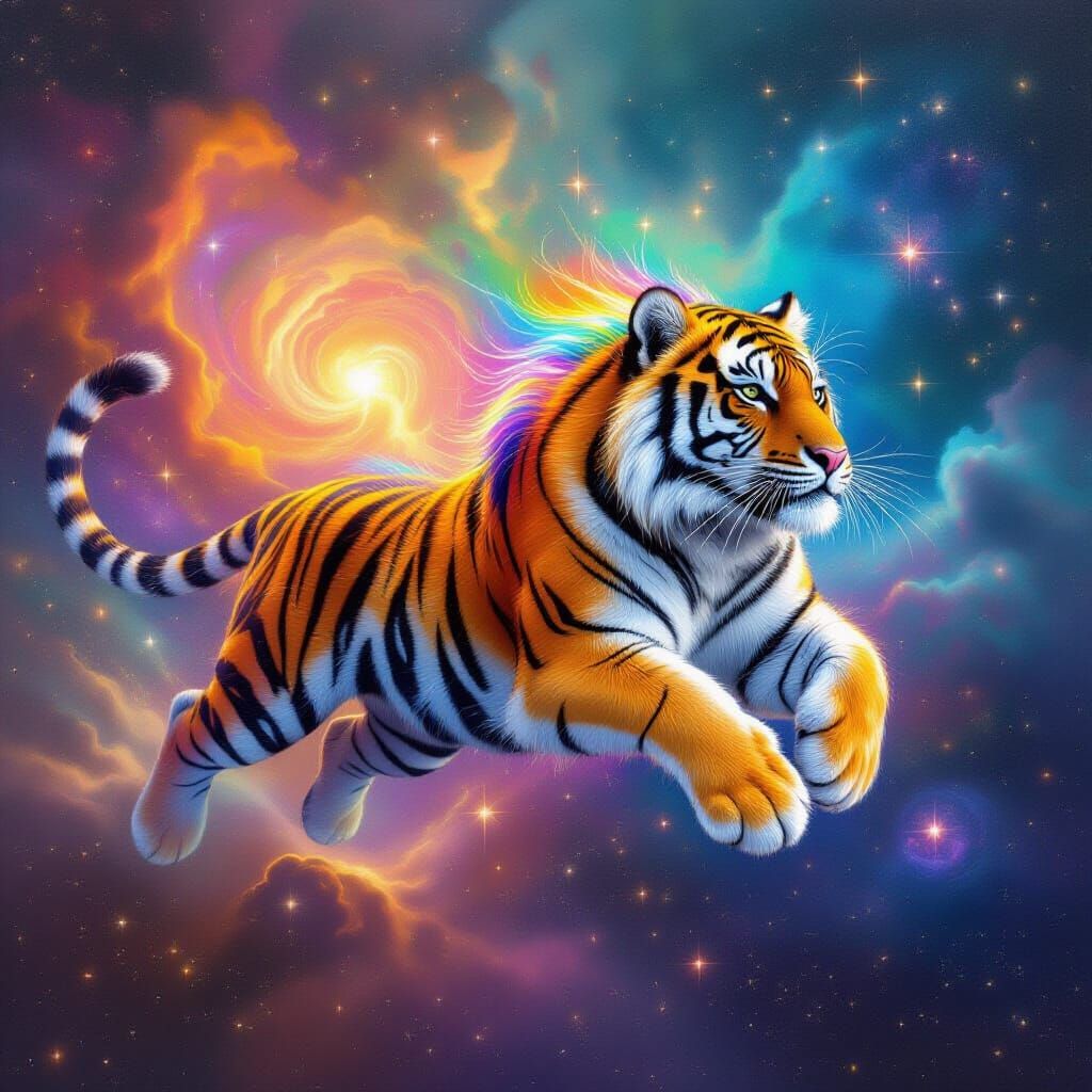 Cosmic Rainbow Tiger Drifting Through Nebulae