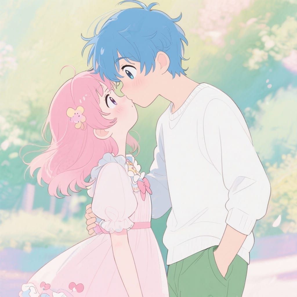 Anime Couple Kissing in Kawaii Style