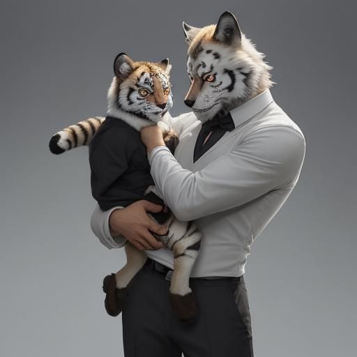Anthropomorphic Wolf Holding a Leopard Cub in Anime Style