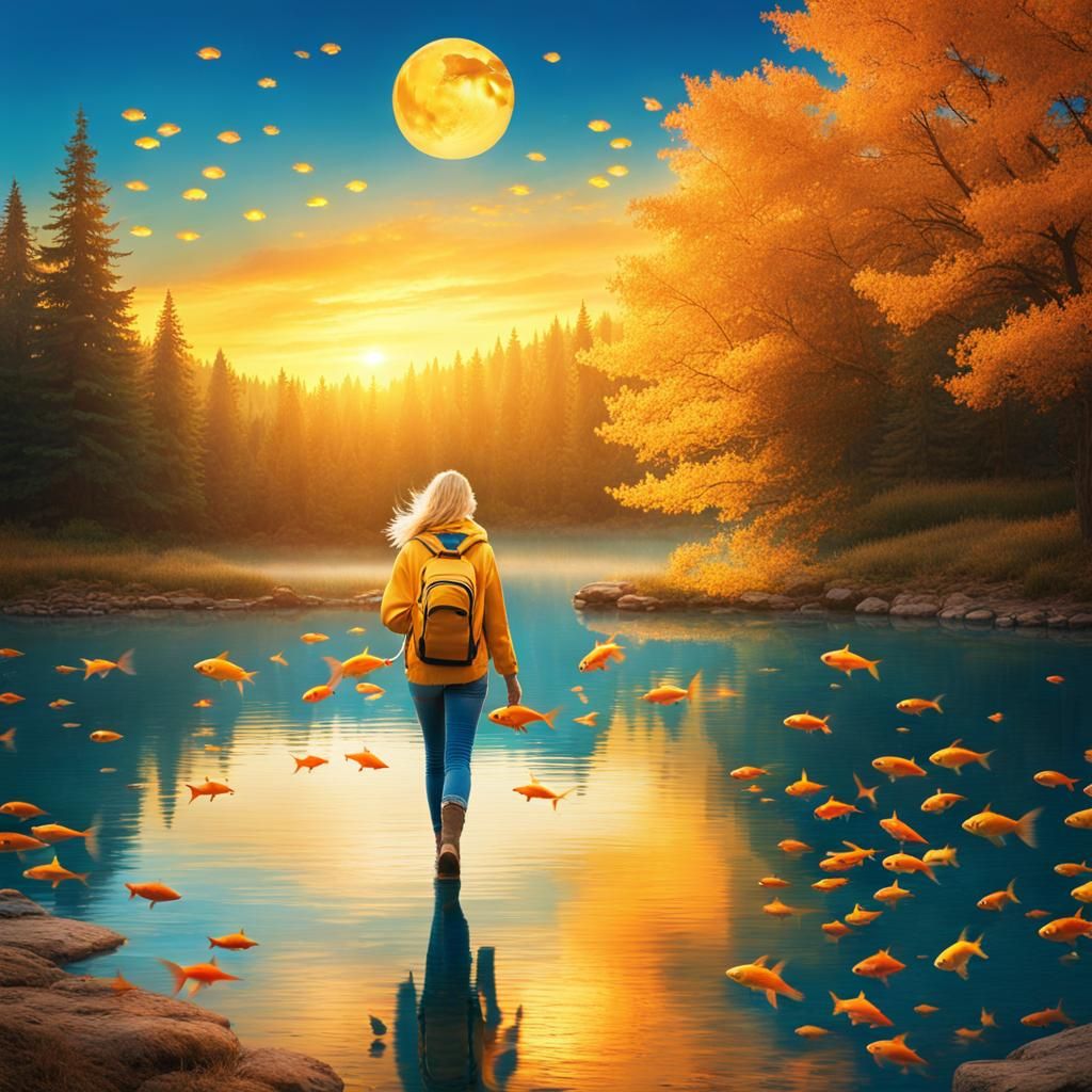 Surreal Lake Scene with Goldfish and Sound Bowl