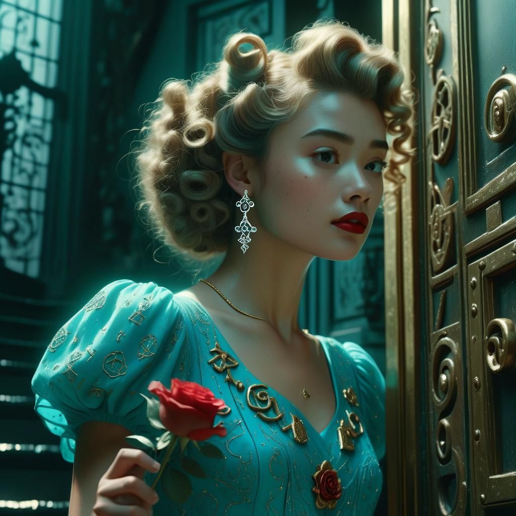 Mystical Woman Ascending Crystal Stairs: Cinematic Digital A...