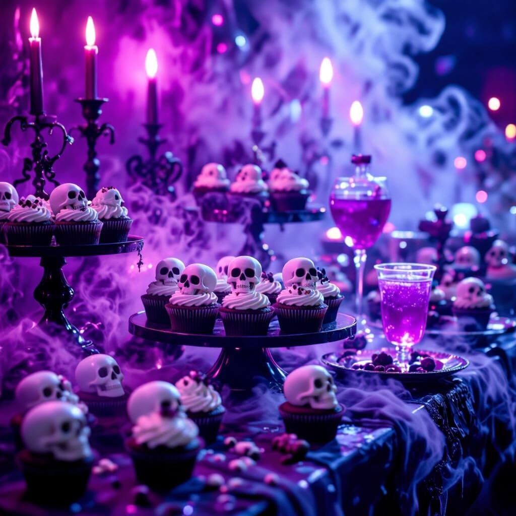Gothic Dessert Table with Skull Cupcakes and Neon Lighting