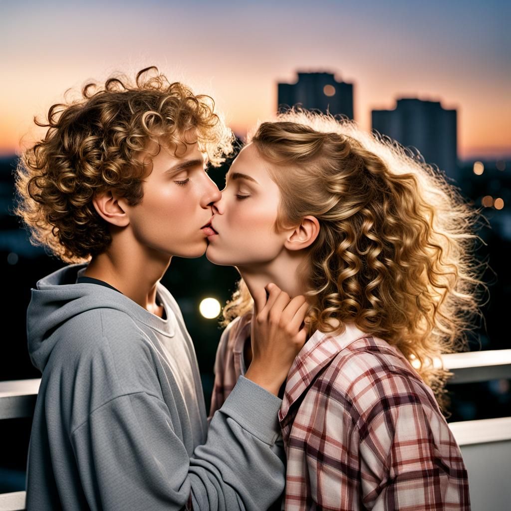 Teenagers Kissing in Rooftop Garden Portrait