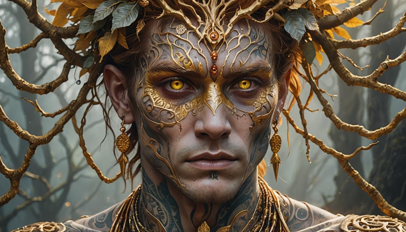 Half-Human, Half-Tree Figure with Gold Jewelry