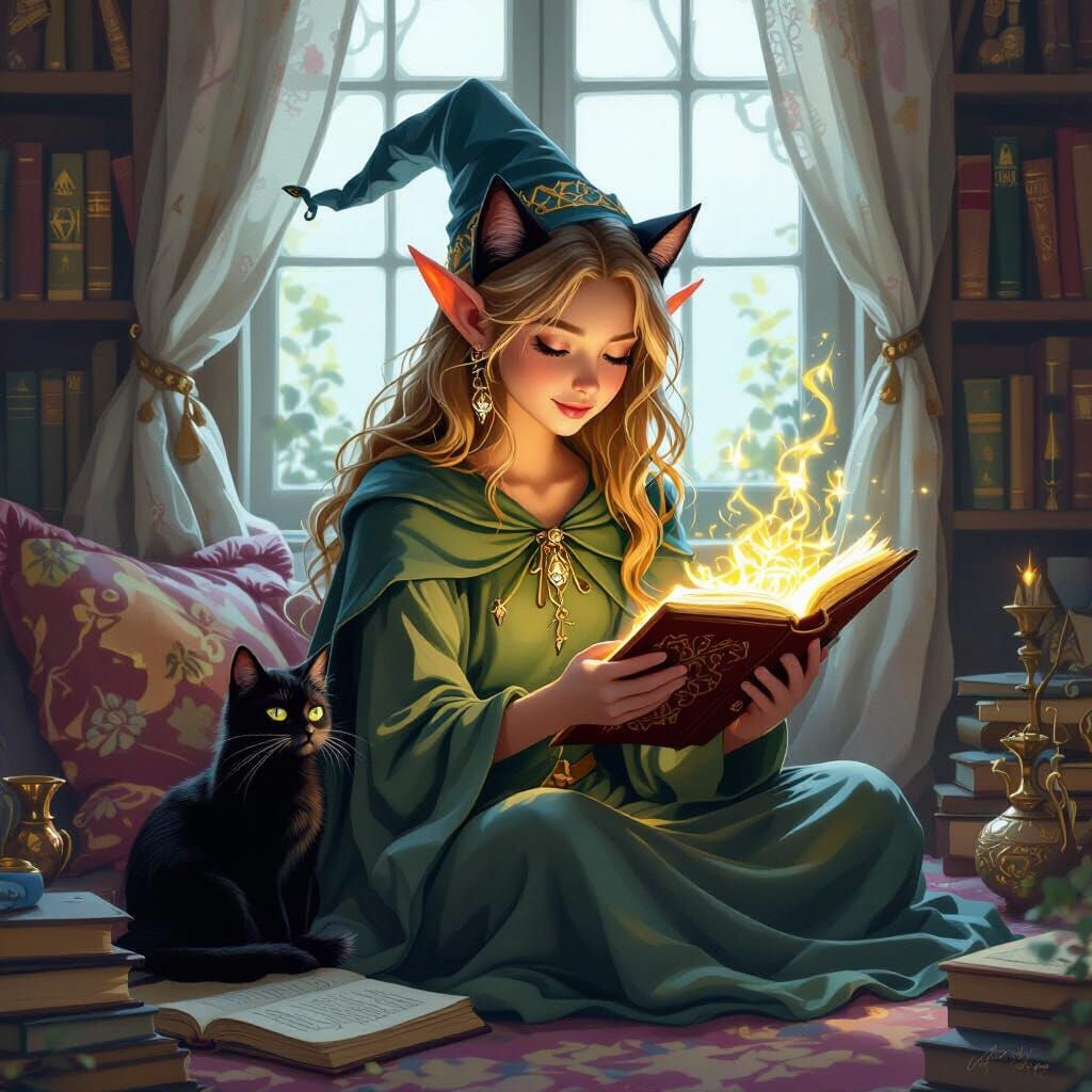 Elf reading a spellbook with her familiar next to her