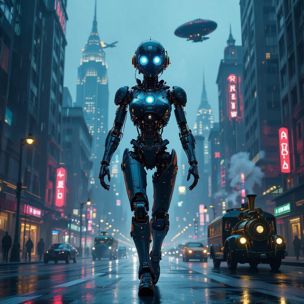 Clockwork Automaton in Neon City Street