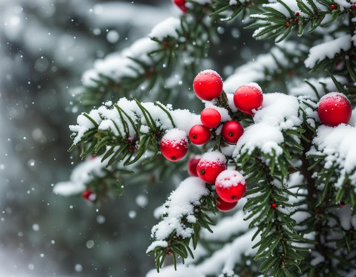 Christmas Tree in Snow with Winter Berries