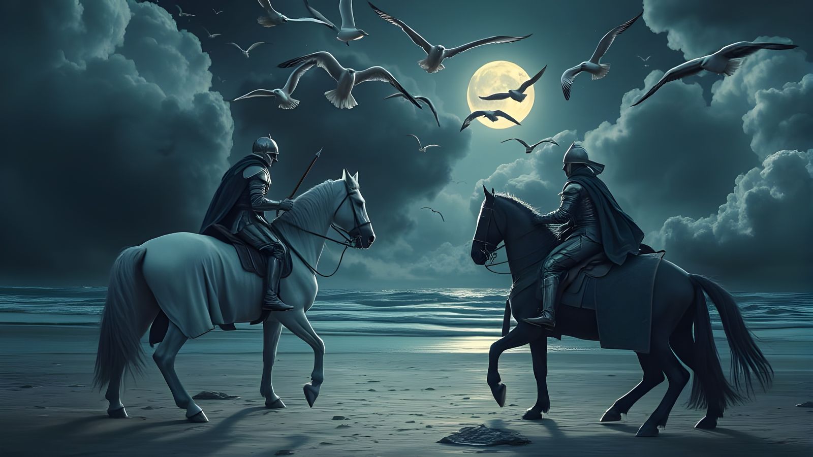 Epic Knights Clash on Moonlit Beach