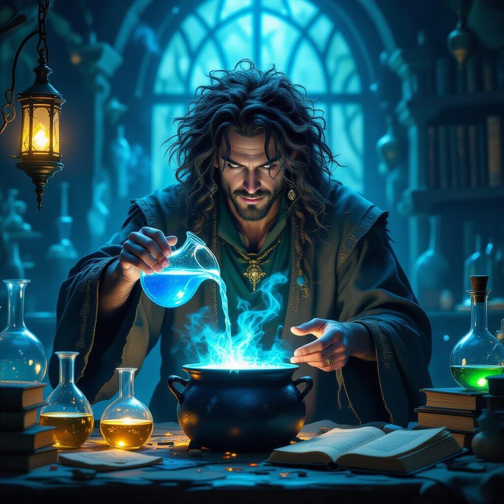 Whimsical Alchemist Brews Glowing Potion in Magical Workshop