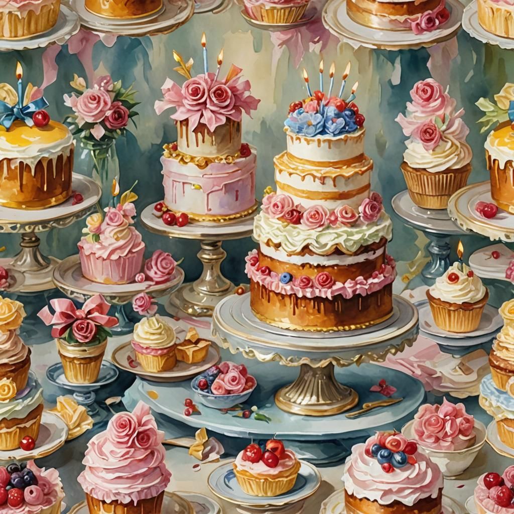 Victorian Cake with Bows in Gouache Style