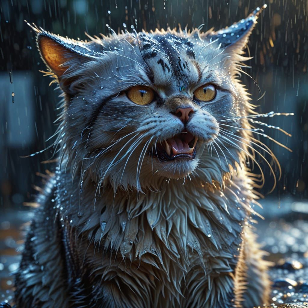 A sad drenched cat in the rain