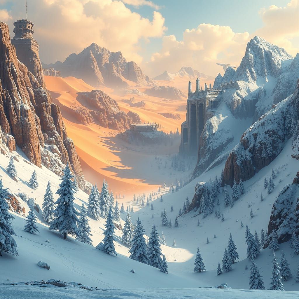 Hyperrealistic Collage of Snowy Mountains and Majestic Deser...