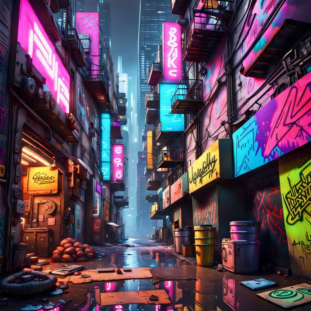 Cyberpunk Alleyway with Neon and Graffiti Art