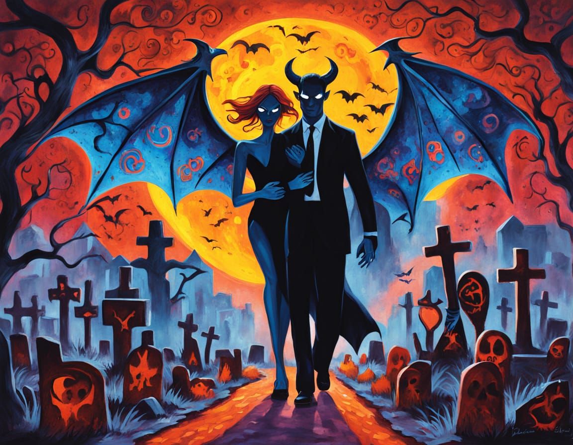 demonic male and female couple walks over graveyard