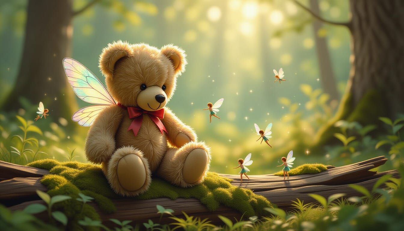 Worn Teddy Bear & Fairies in Sunlit Forest Clearing