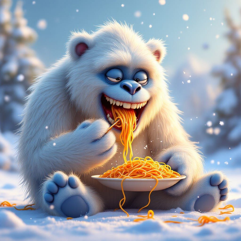 Adorable Cartoon Yeti Eats Spaghetti in Snow