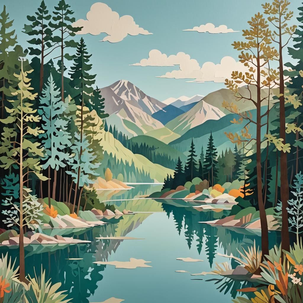 Whimsical Paper Collage of Forest Lake in March