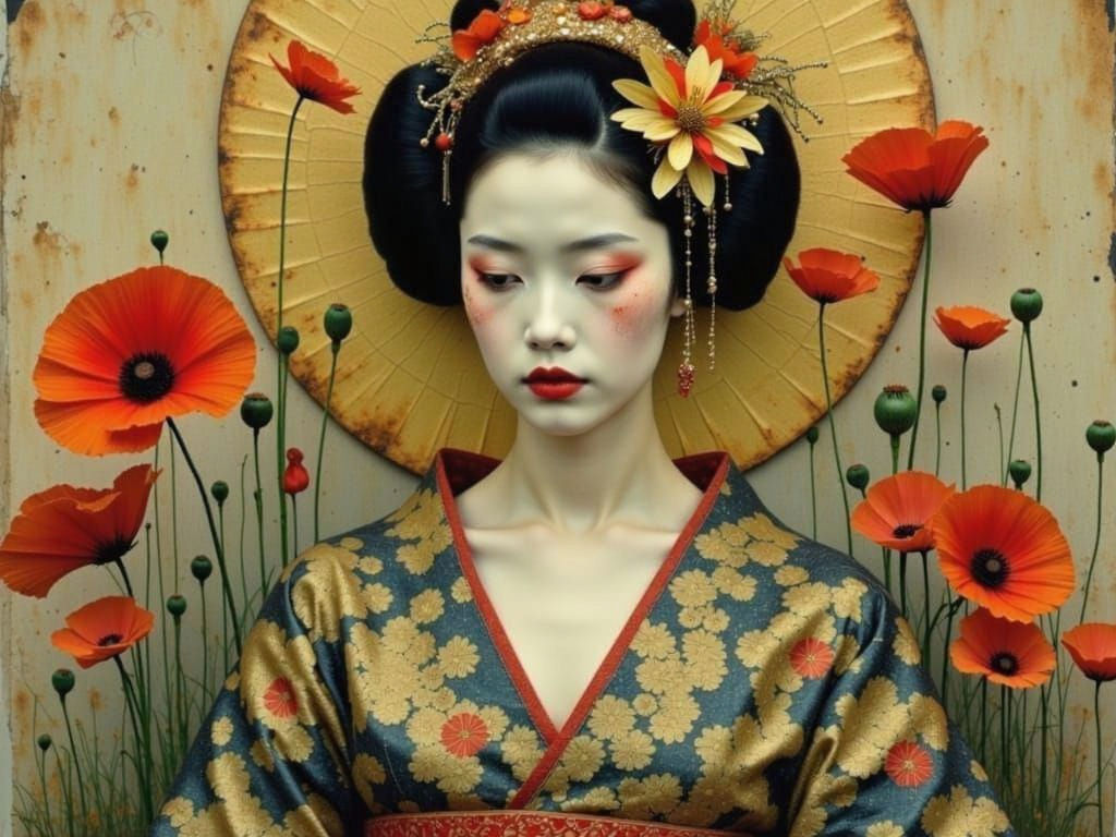 Golden Geisha Portrait in Impressionistic Style