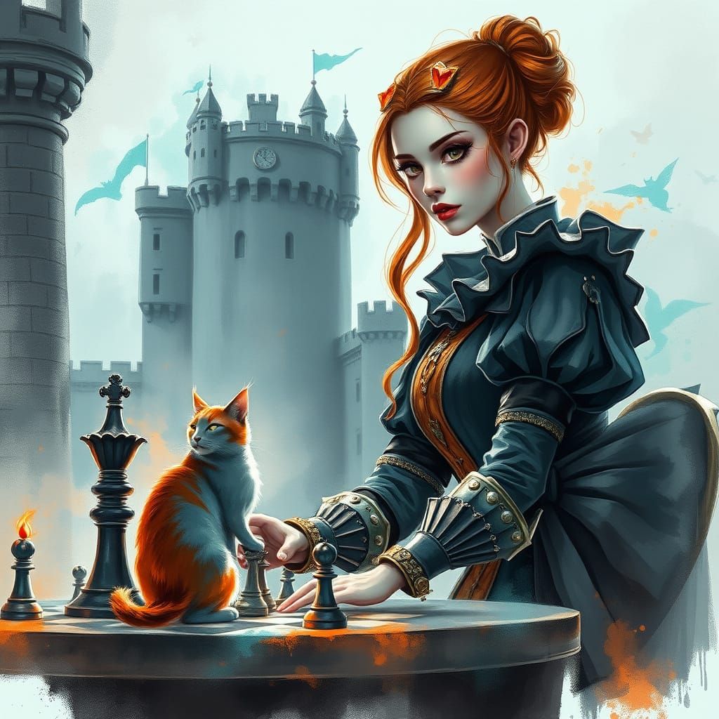 Monochrome Vampire Chess Game in Art Nouveau Style