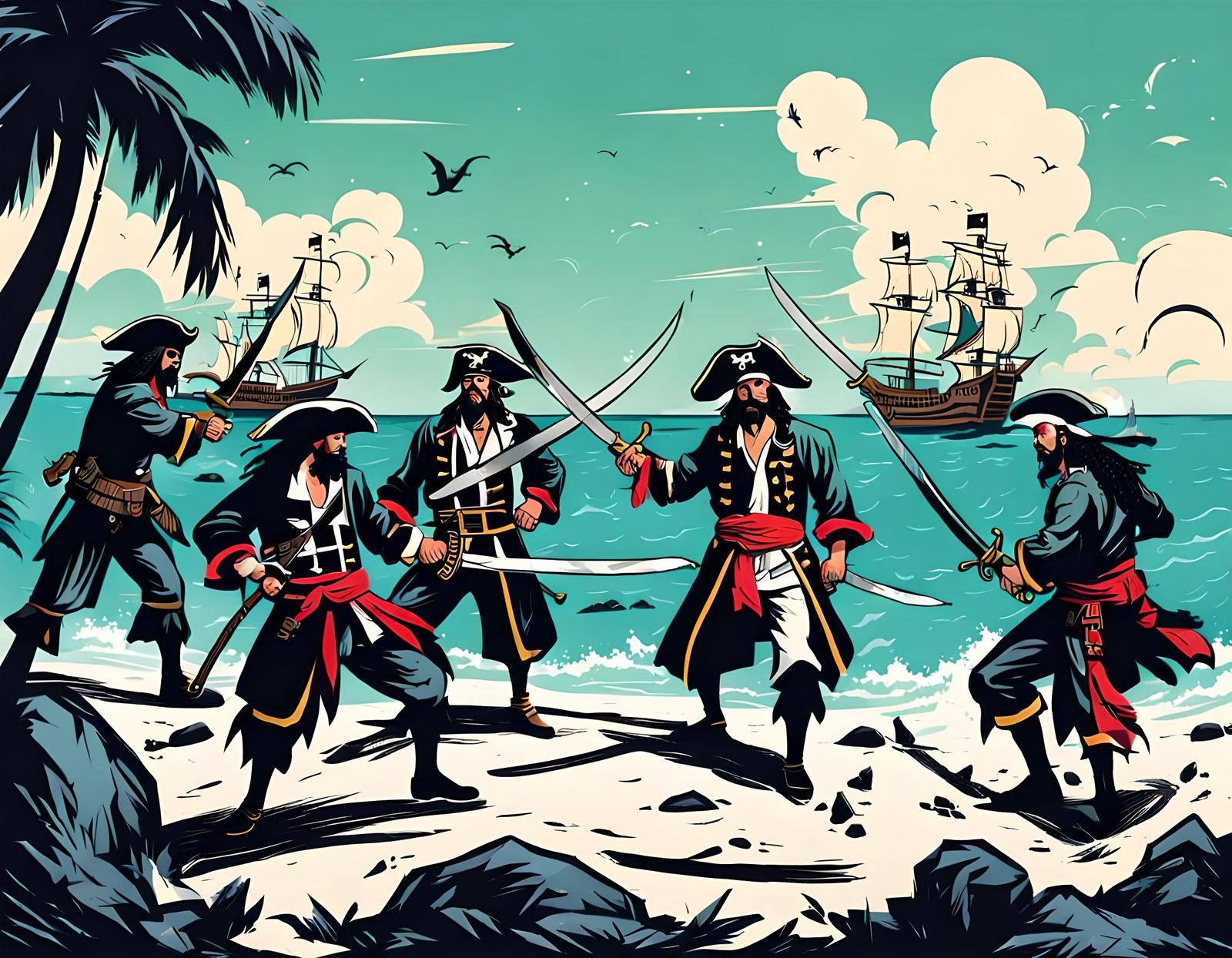 pirates with swords splitting up on an island