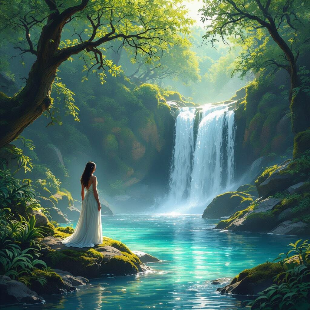 Waterfall Scene with Serene Woman in Digital Art Style