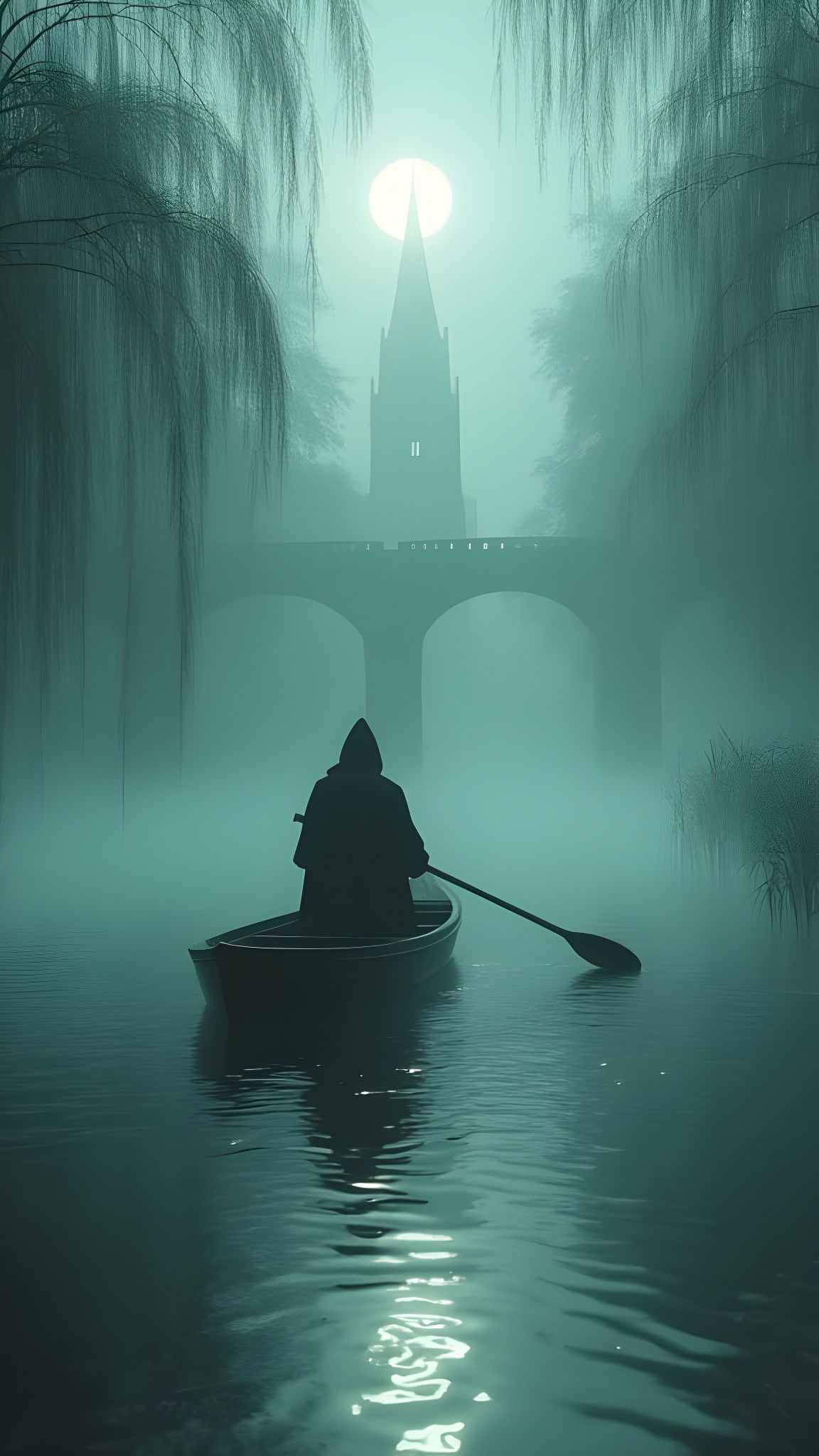 Hooded Ferryman Glides Through Ethereal Misty River