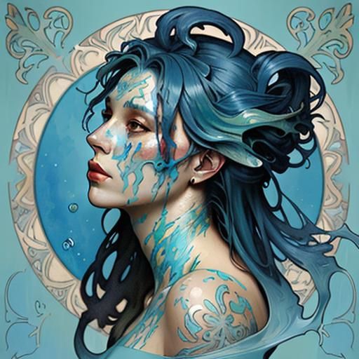 Blue Heart in Alphonse Mucha Impasto Style