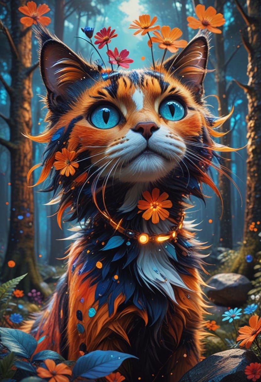 Mystical Cat in Love Forest: Pop Art Illustration