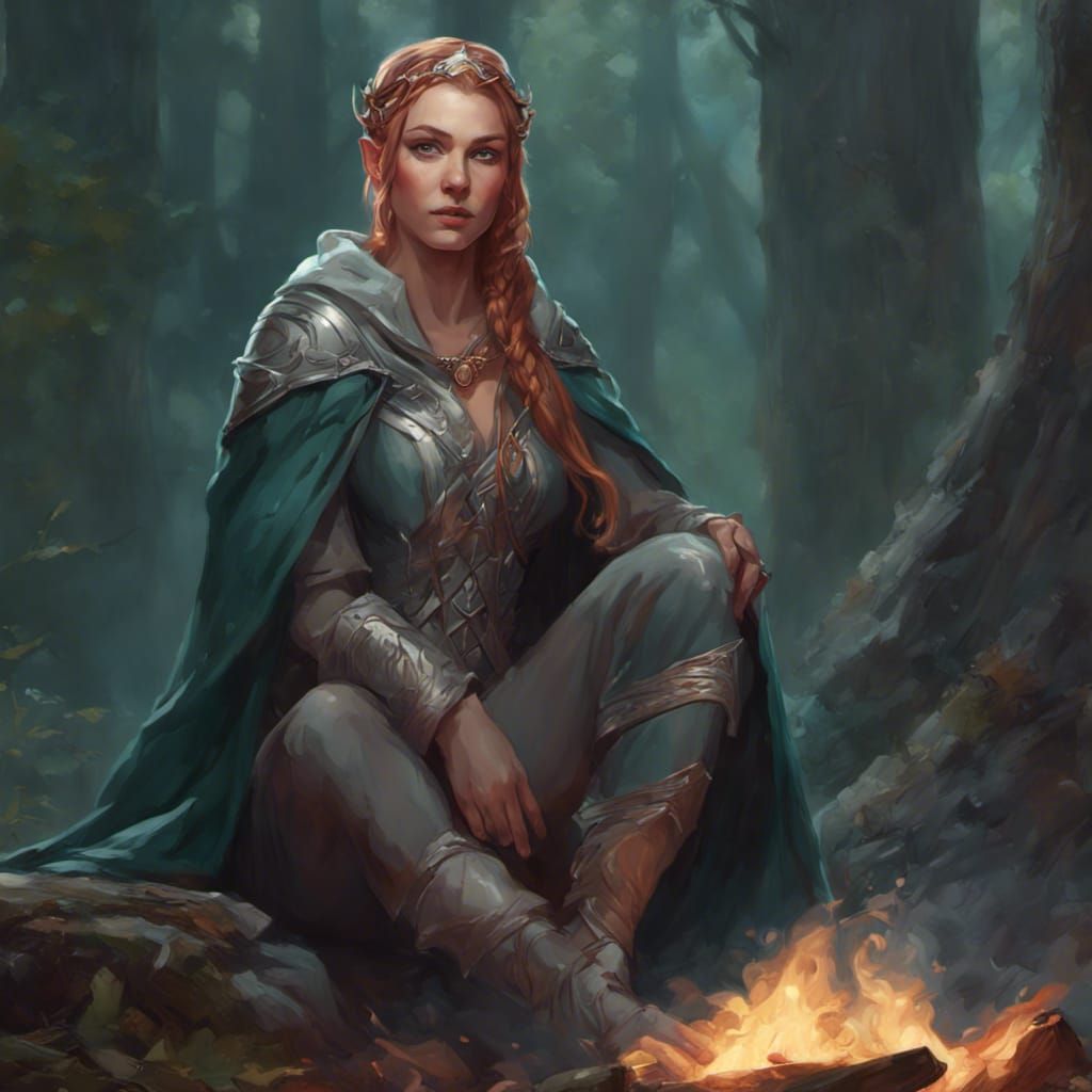 Auburn Haired Elf Cleric in Forest, Digital Art