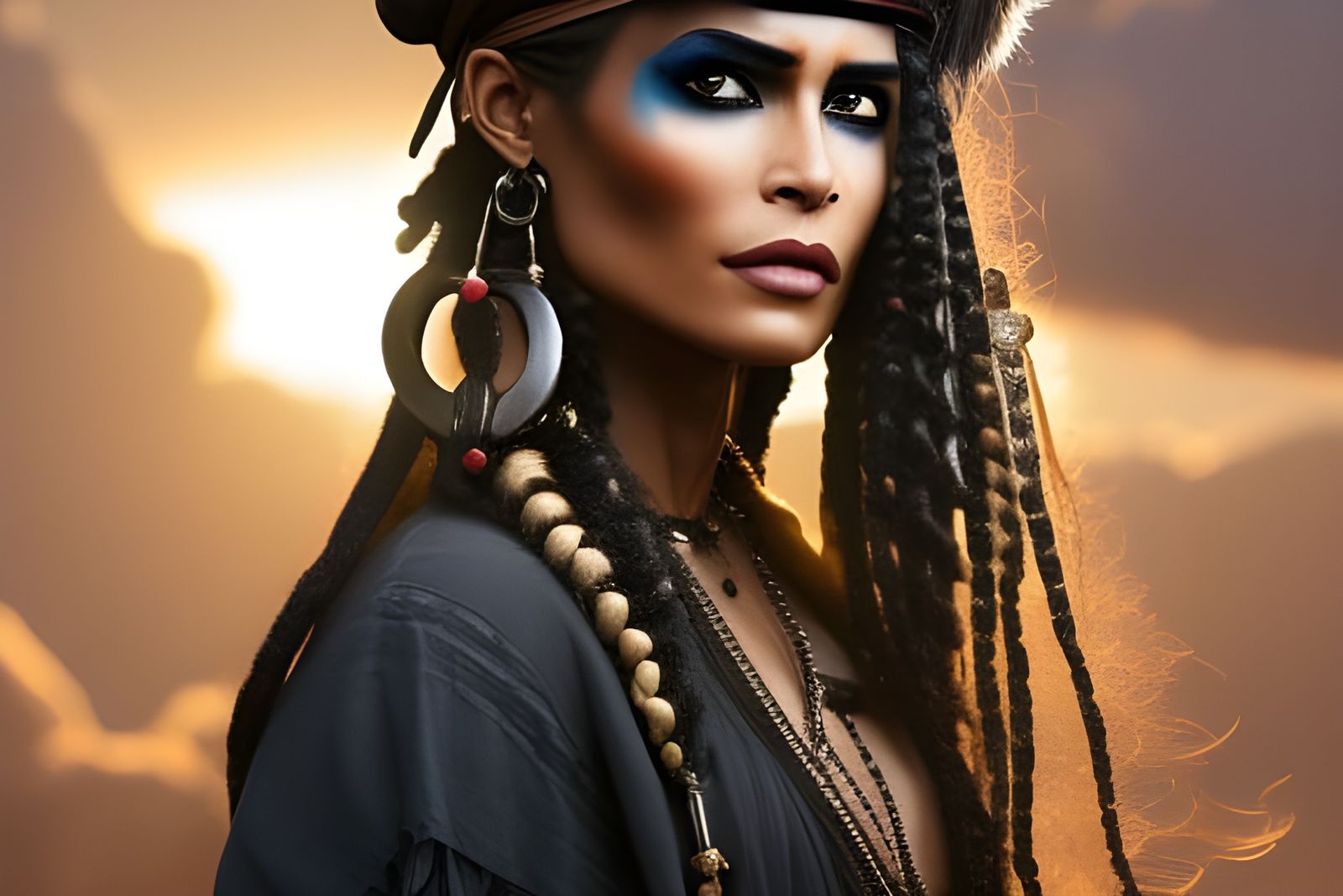 Ethnic Pirate Woman on Ship, Detailed Digital Art