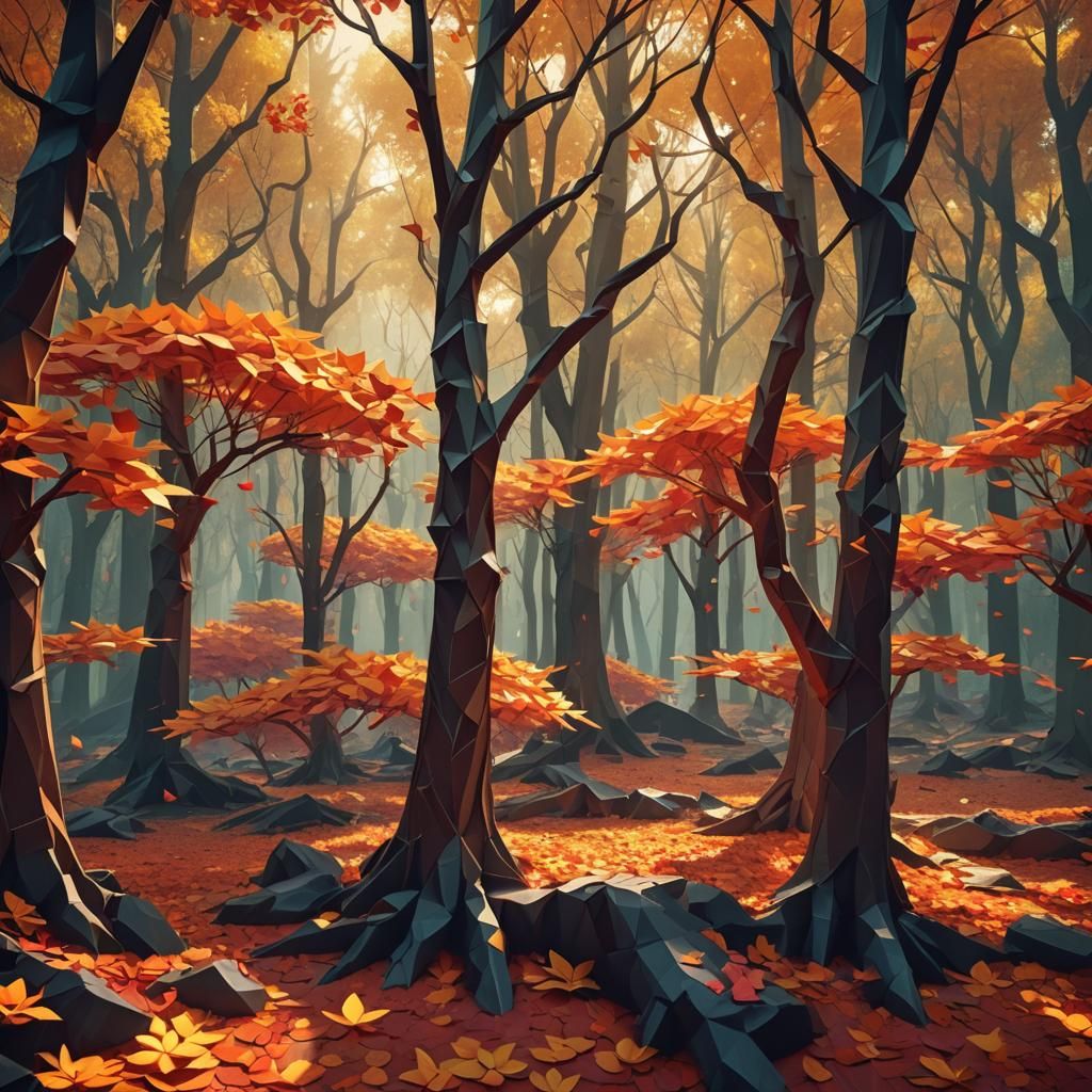 Fantasy Forest of Origami Trees in Golden Light