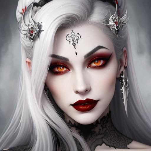 three alluring enchantingly beautiful, venomous female vampire laughing with blood- red lips and silky hair flowing in...