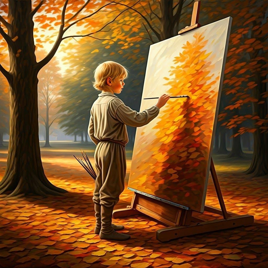 Boy Painting Autumn Leaves in Oil Paint Style