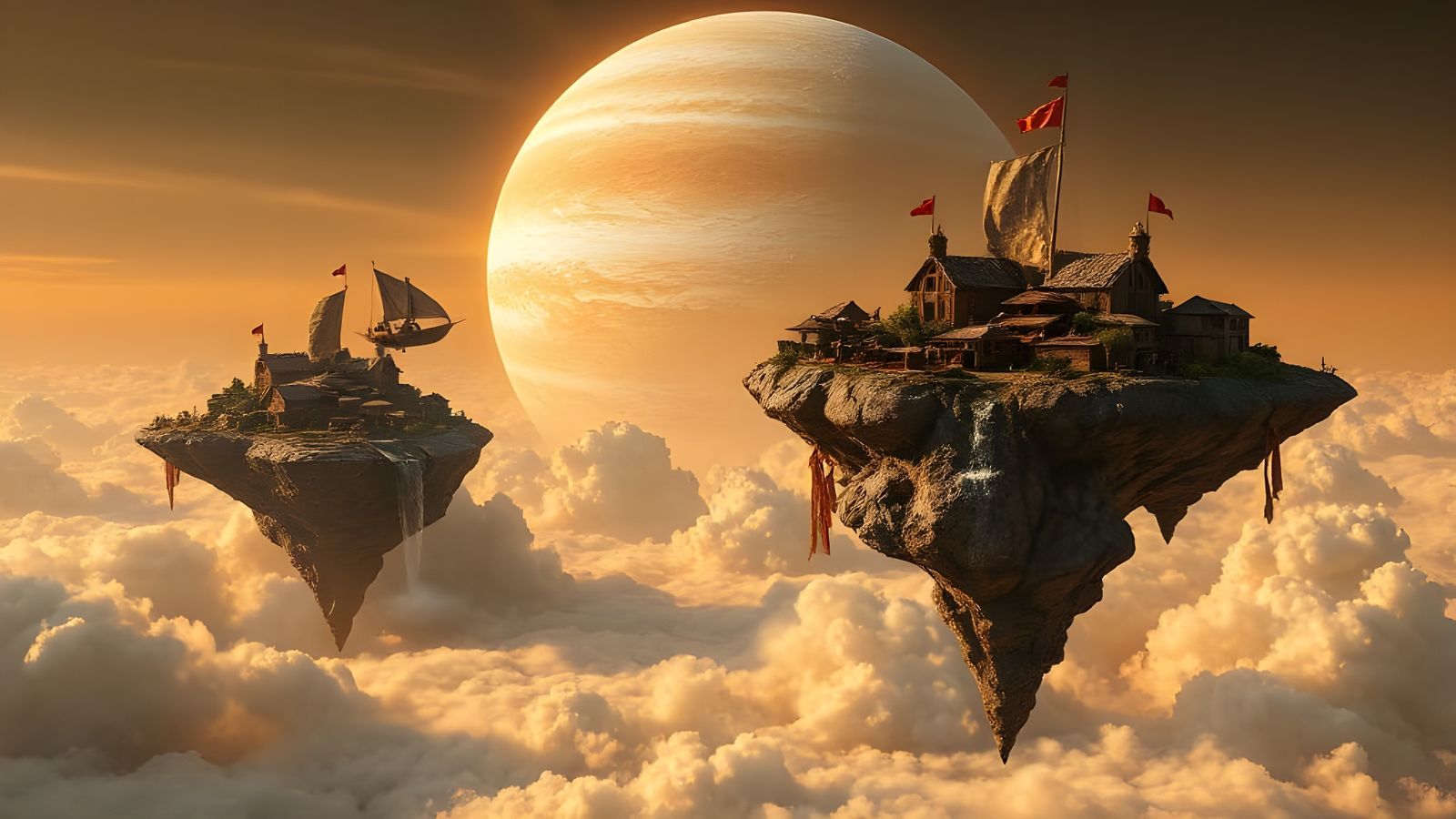 Man Navigates Flying Boat to Island Town Above Jupiter