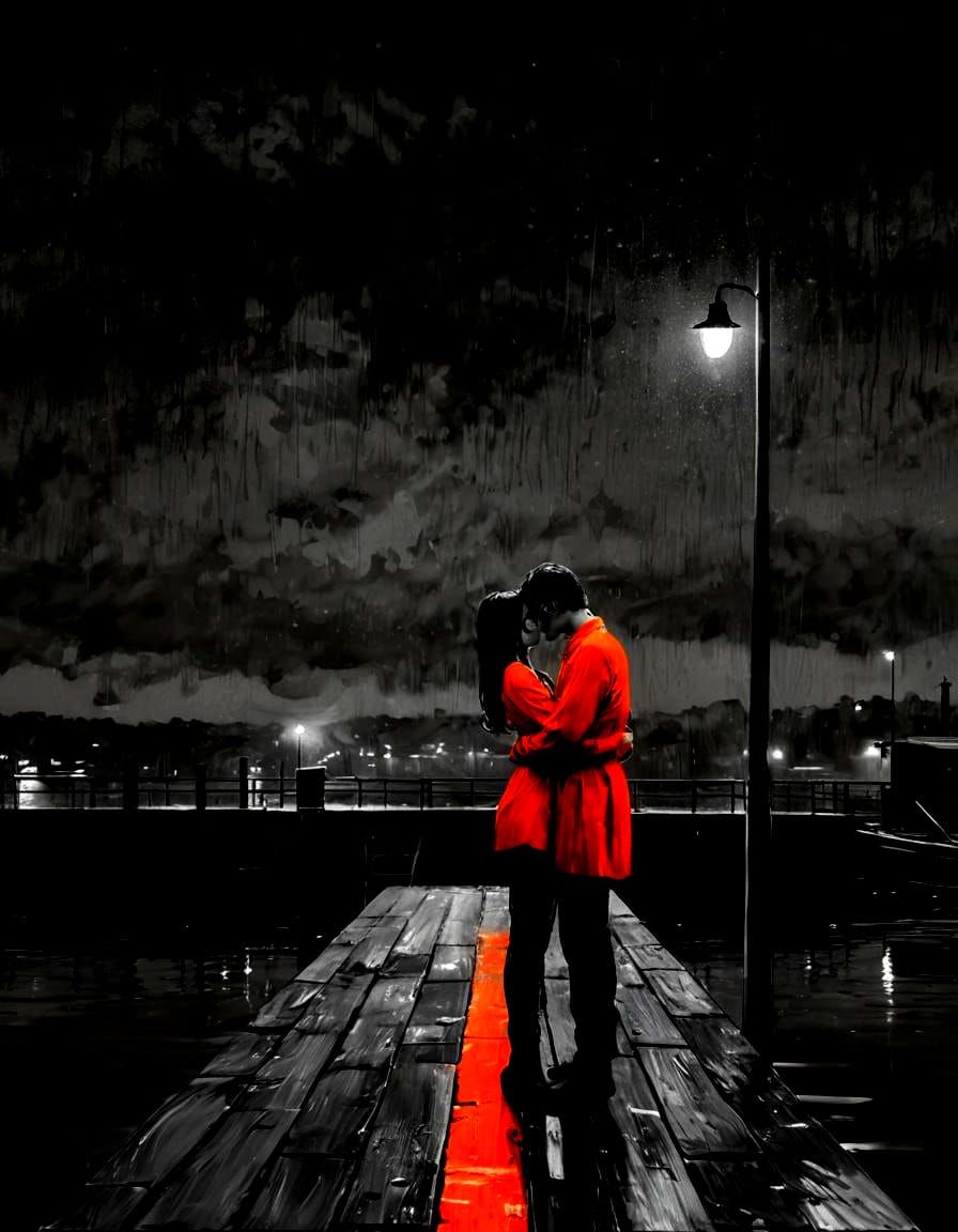 Romantic Monochromatic Woman on Dock at Night